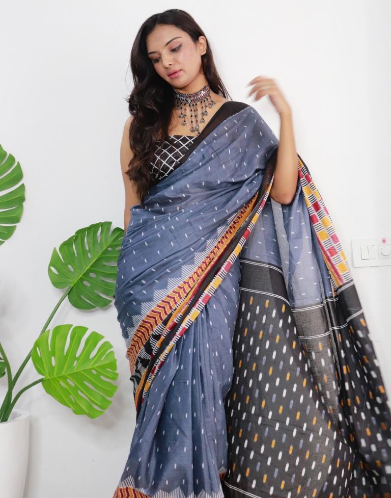 Grey Printed Cotton Saree