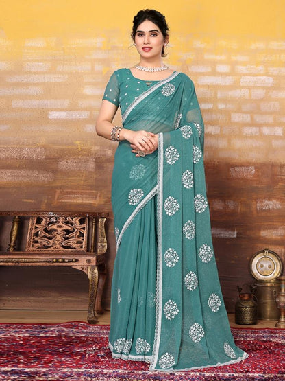 Sea Green Plain Chiffon Saree
