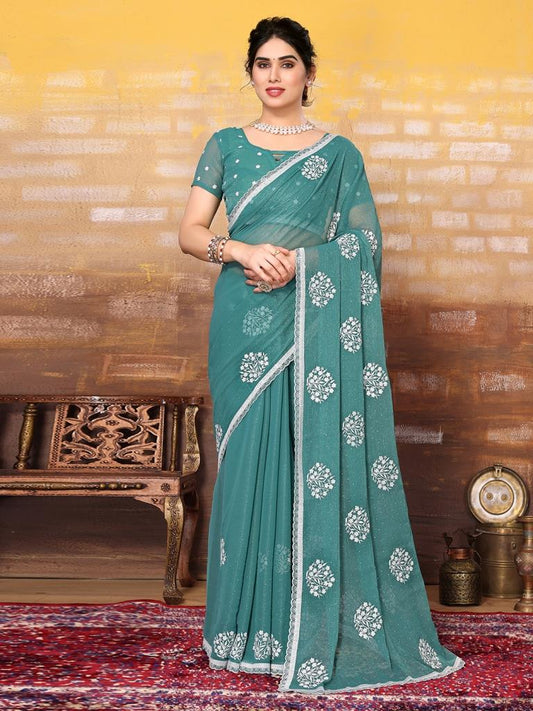 Sea Green Plain Chiffon Saree