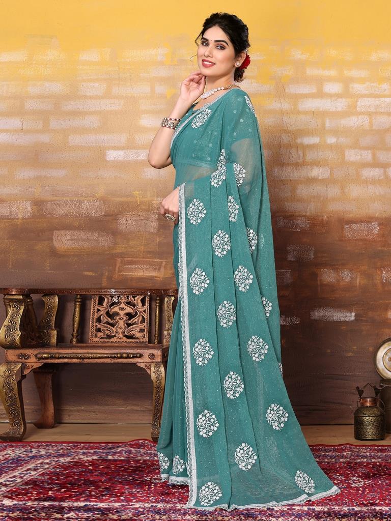 Sea Green Plain Chiffon Saree