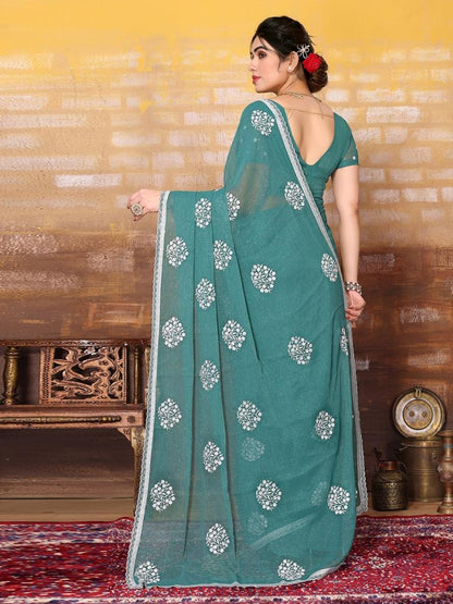 Sea Green Plain Chiffon Saree