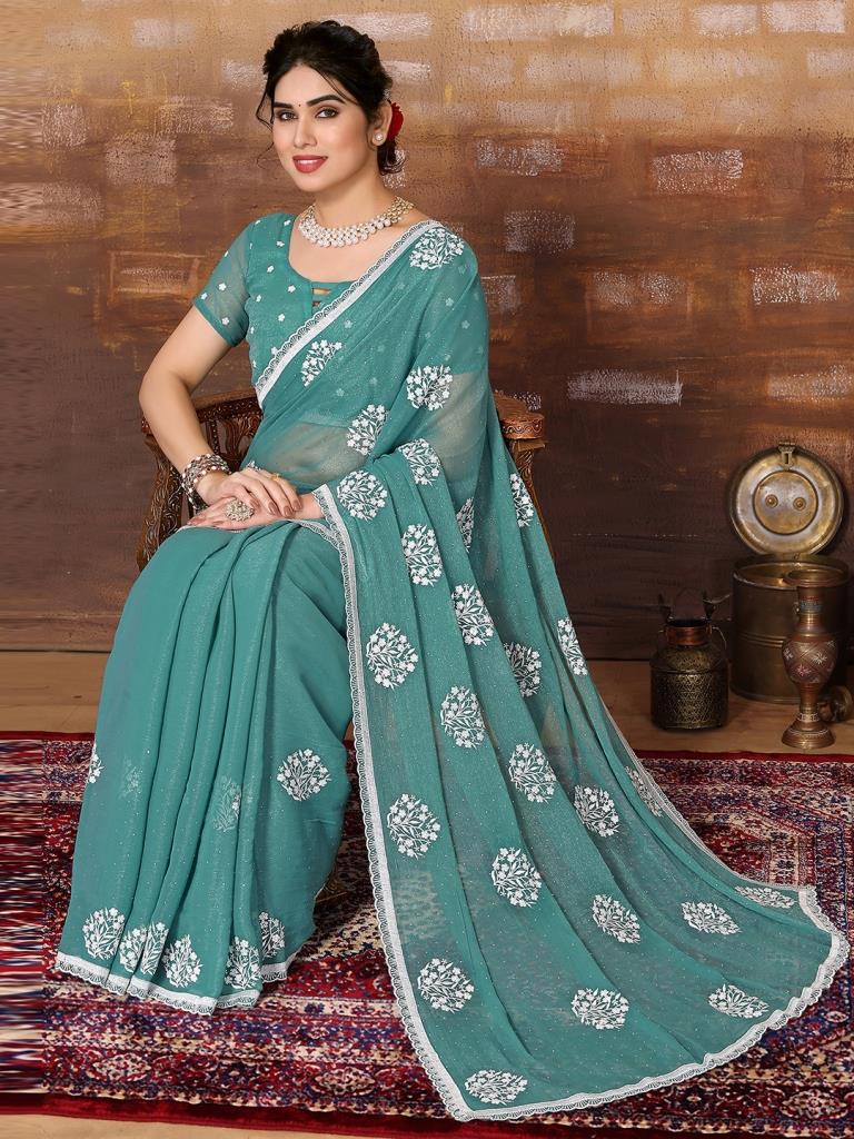 Sea Green Plain Chiffon Saree