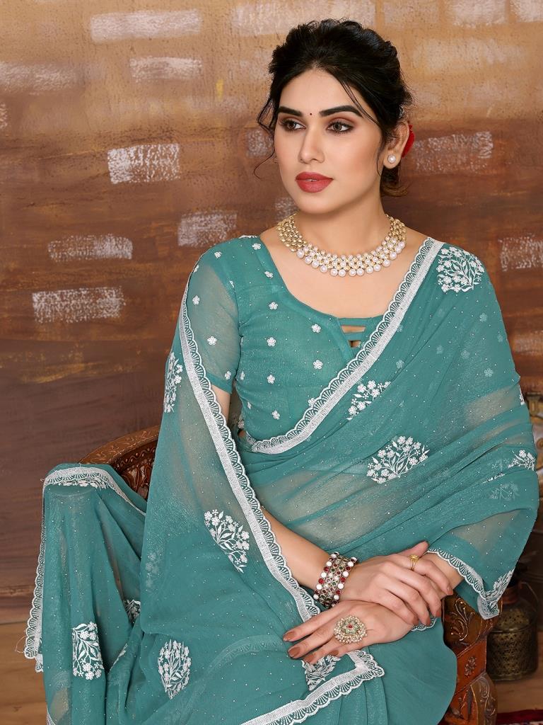 Sea Green Plain Chiffon Saree