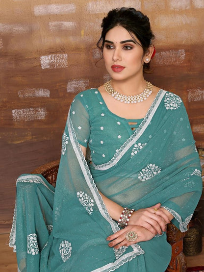 Sea Green Plain Chiffon Saree