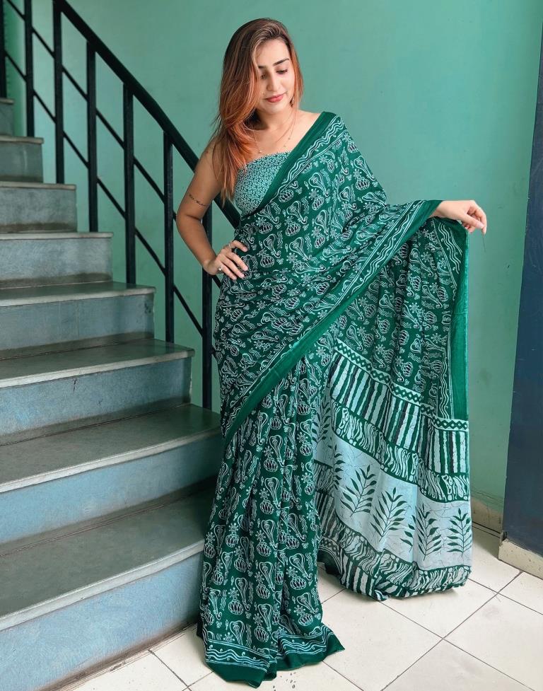 Ready to Wear Green Printed Cotton Saree