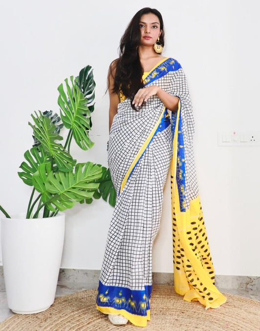 White Printed Cotton Saree