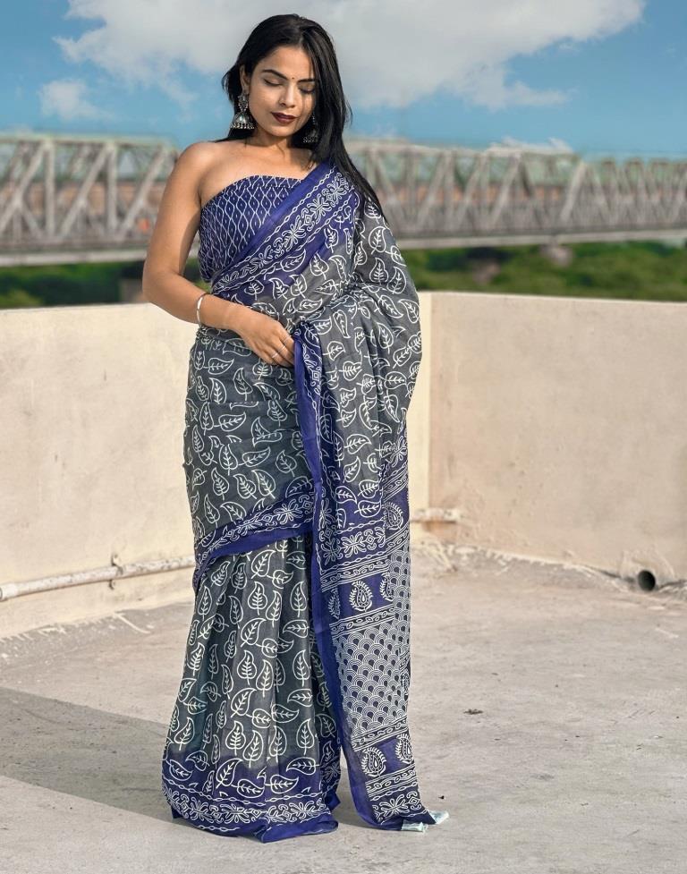 Grey Printed Cotton Saree