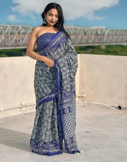 Grey Printed Cotton Saree