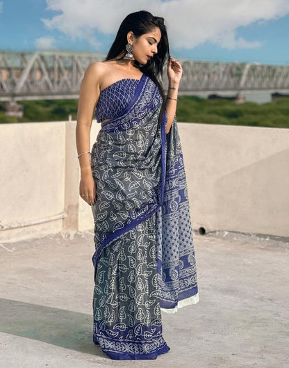 Grey Printed Cotton Saree