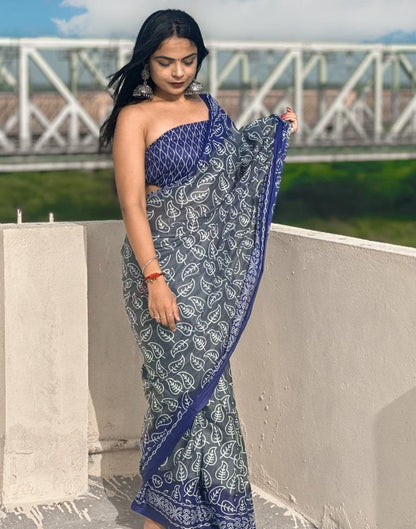 Grey Printed Cotton Saree