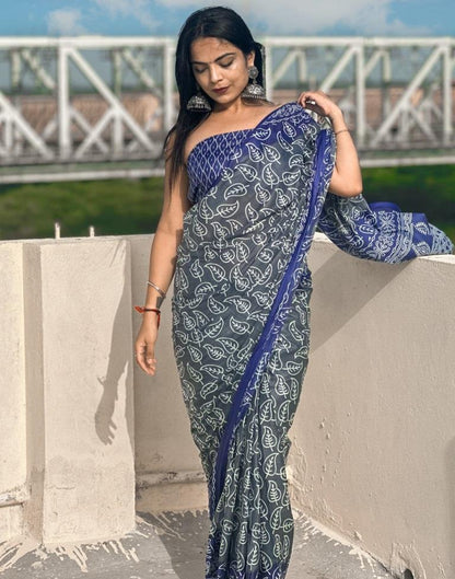 Grey Printed Cotton Saree