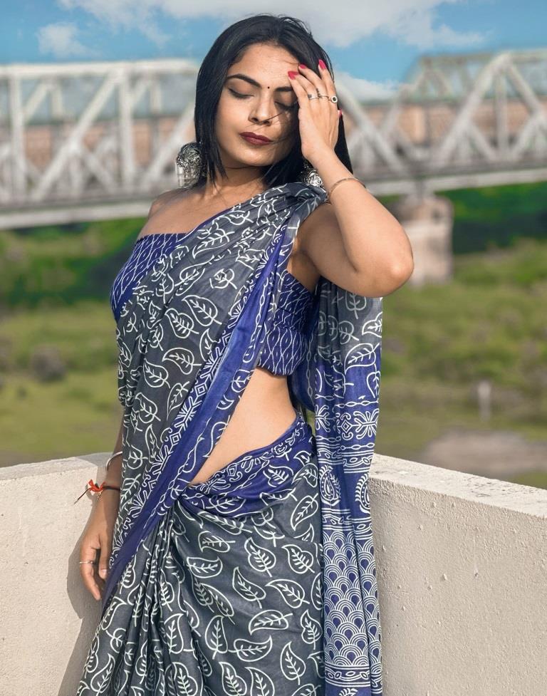 Grey Printed Cotton Saree