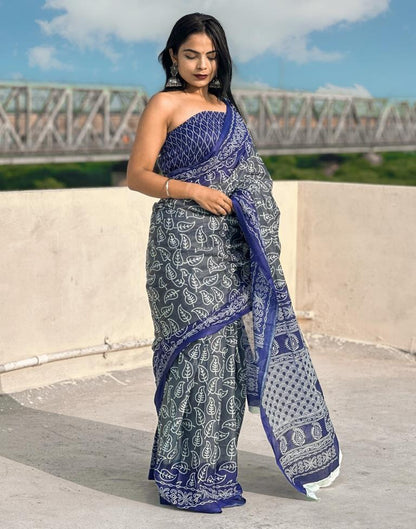 Grey Printed Cotton Saree