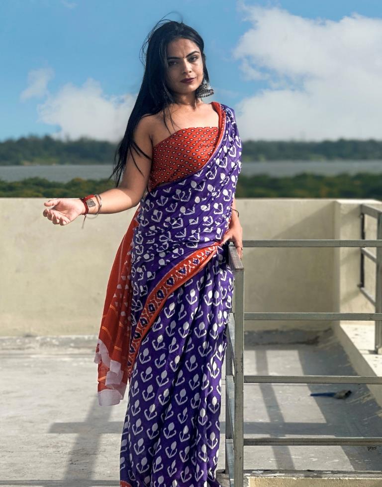 Blue Printed Cotton Saree