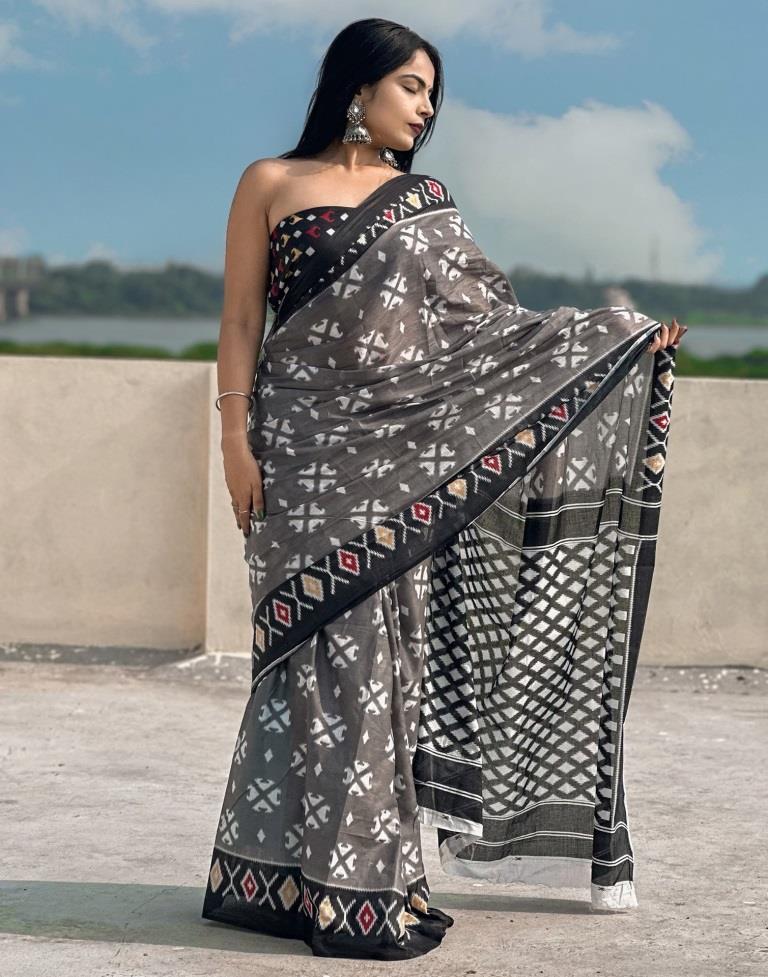 Grey & Black Printed Cotton Saree