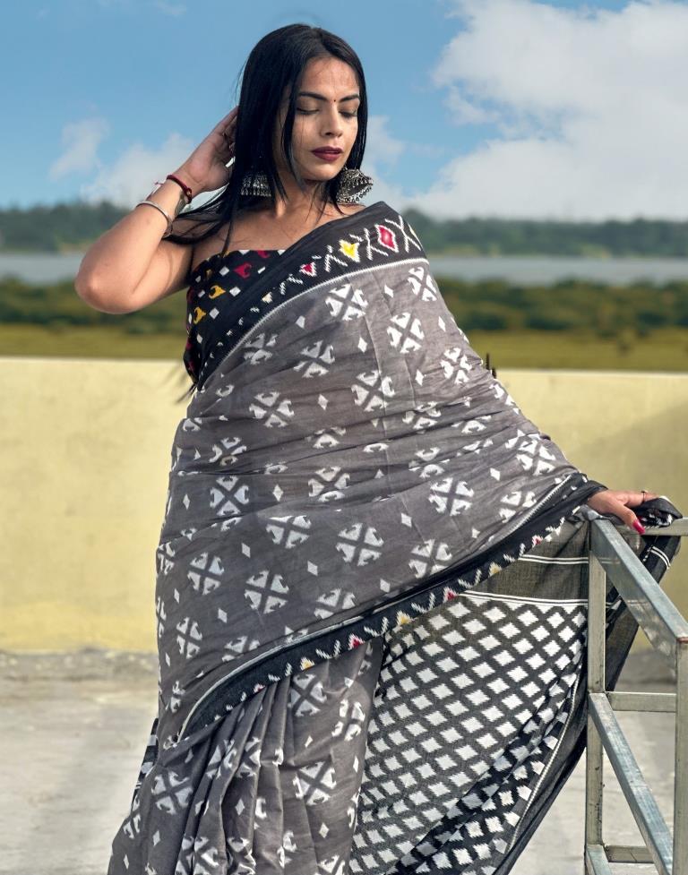 Grey & Black Printed Cotton Saree