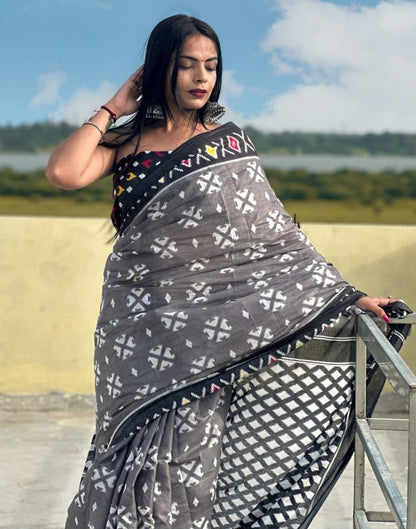 Grey & Black Printed Cotton Saree
