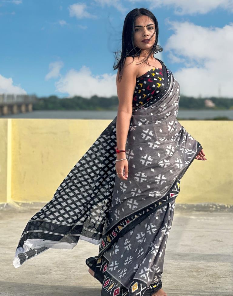 Grey & Black Printed Cotton Saree