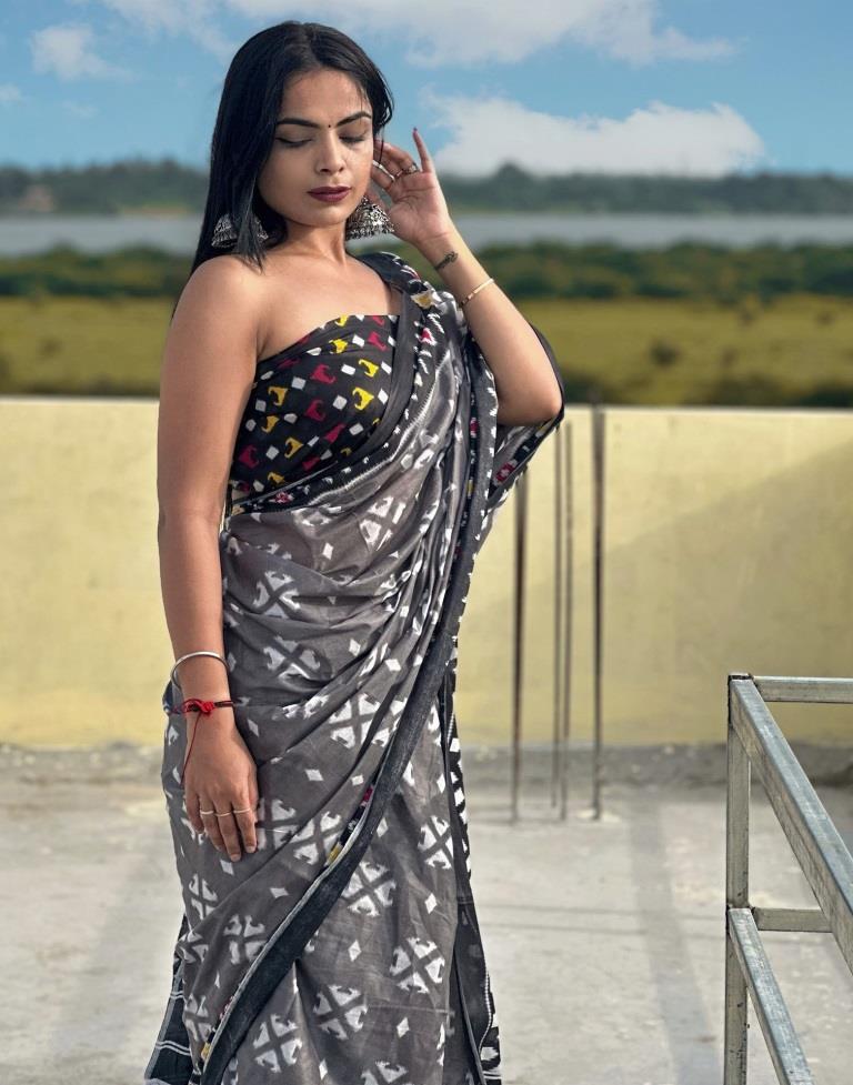 Grey & Black Printed Cotton Saree