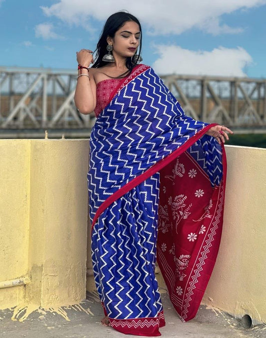 Blue Printed Cotton Saree