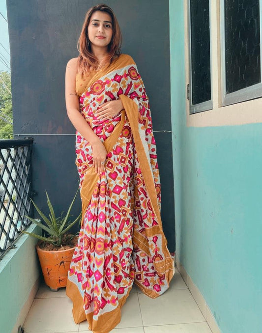 White Printed Cotton Saree