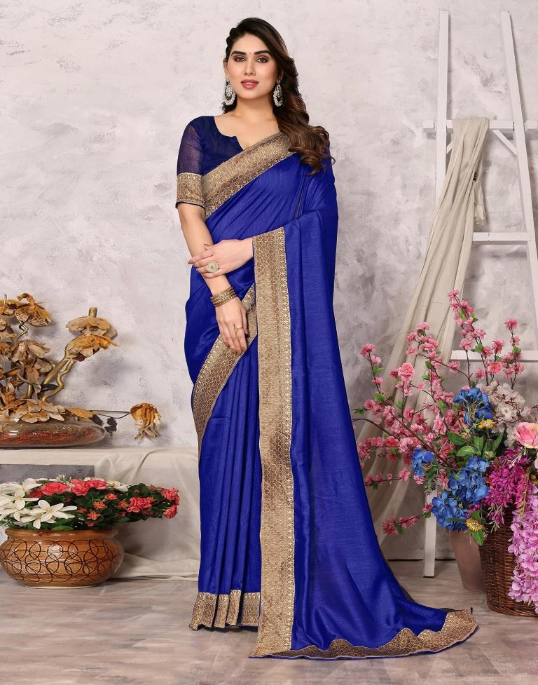 Royal Blue Embroidery Plain Silk Saree