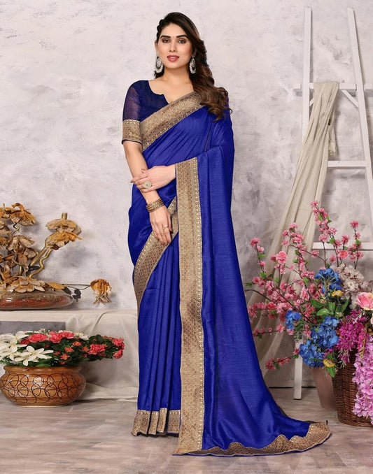 Royal Blue Embroidery Plain Silk Saree