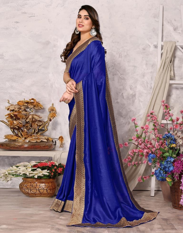 Royal Blue Embroidery Plain Silk Saree