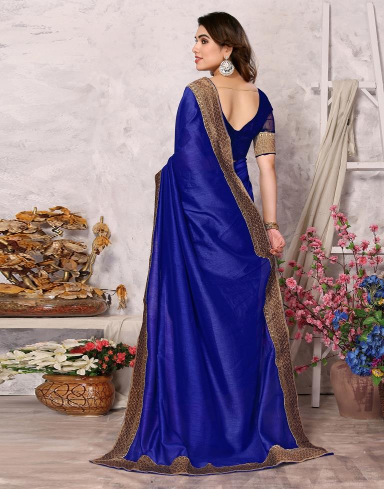 Royal Blue Embroidery Plain Silk Saree