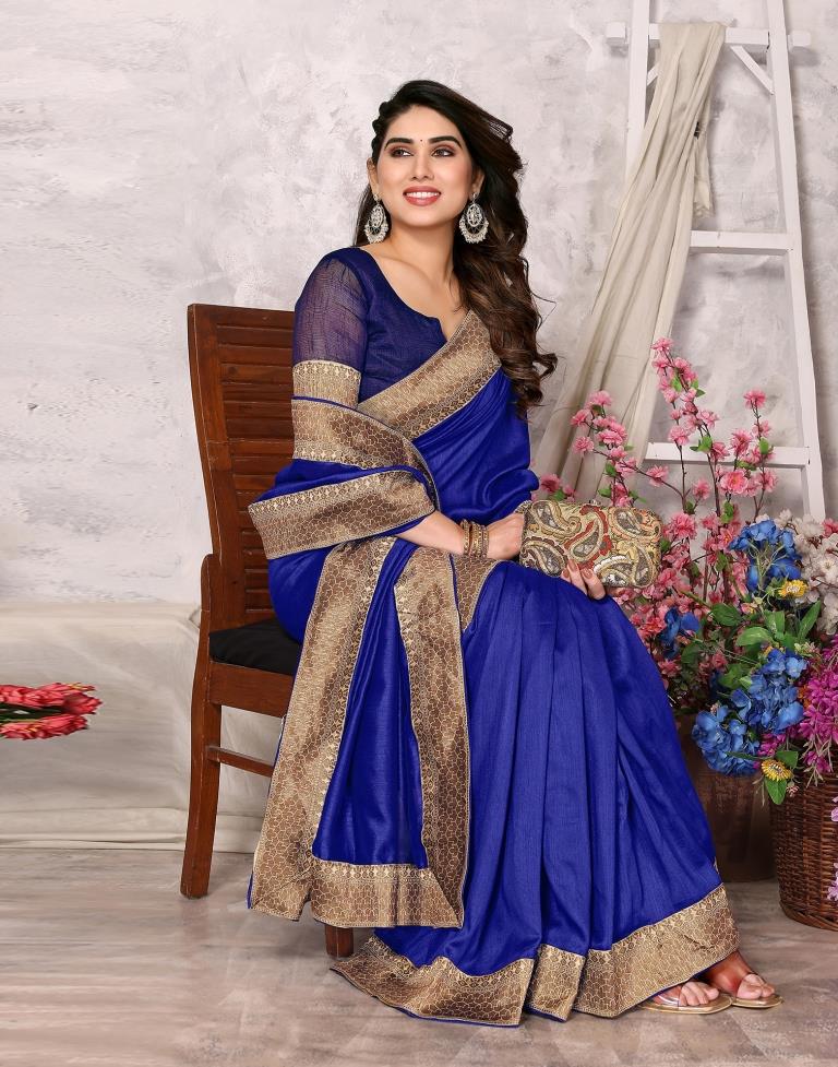 Royal Blue Embroidery Plain Silk Saree