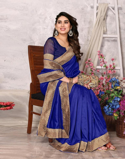 Royal Blue Embroidery Plain Silk Saree