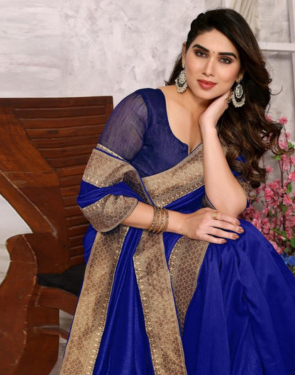 Royal Blue Embroidery Plain Silk Saree