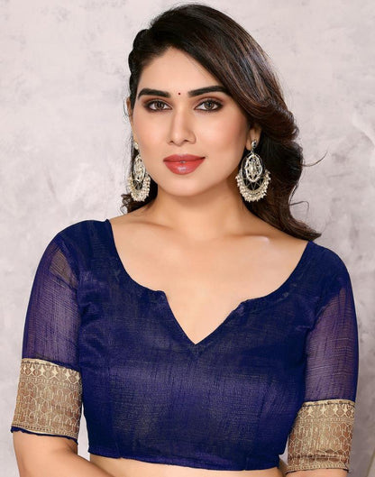 Royal Blue Embroidery Plain Silk Saree