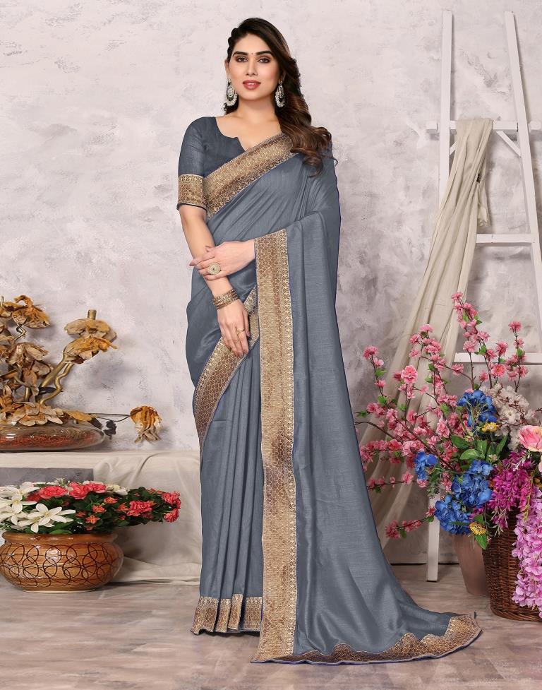 Grey Embroidery Plain Silk Saree