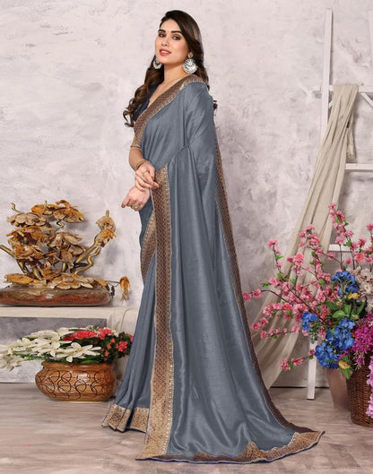 Grey Embroidery Plain Silk Saree