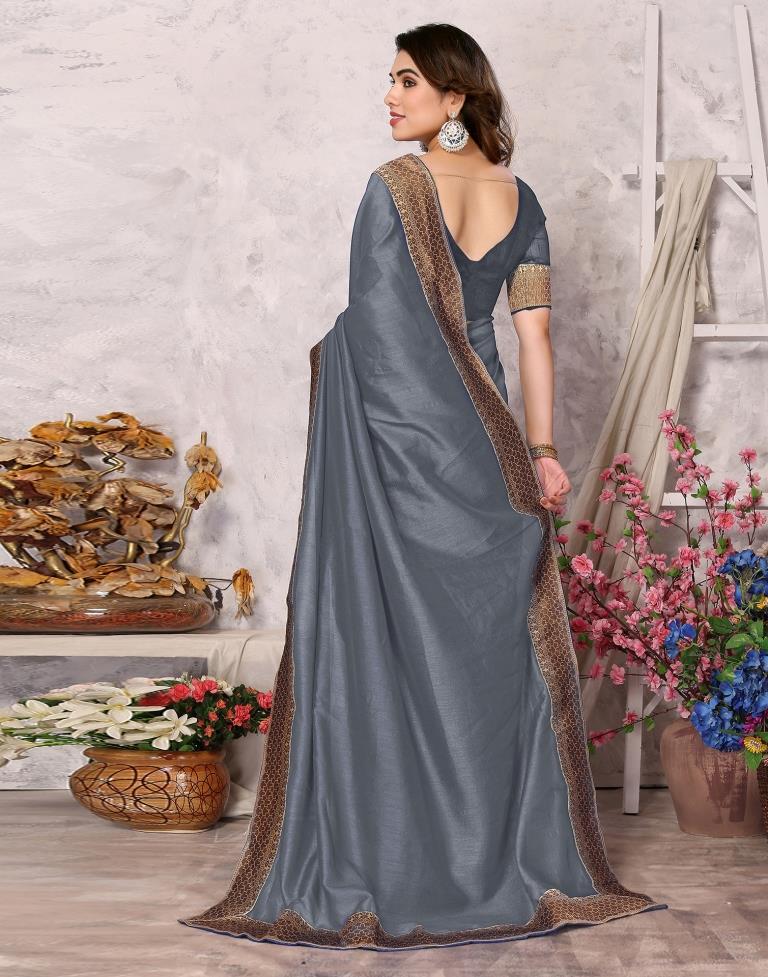 Grey Embroidery Plain Silk Saree