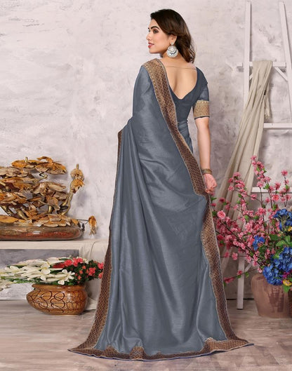 Grey Embroidery Plain Silk Saree