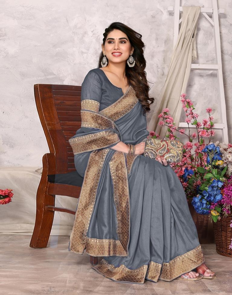 Grey Embroidery Plain Silk Saree