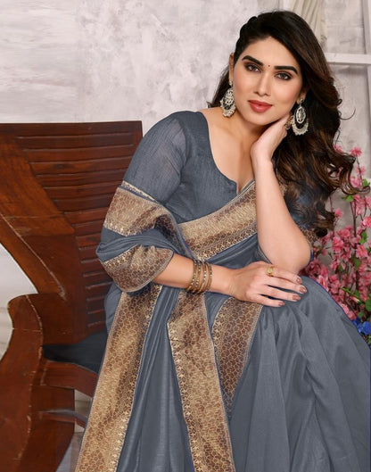 Grey Embroidery Plain Silk Saree