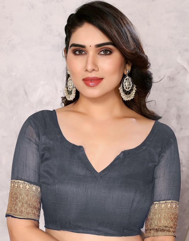 Grey Embroidery Plain Silk Saree