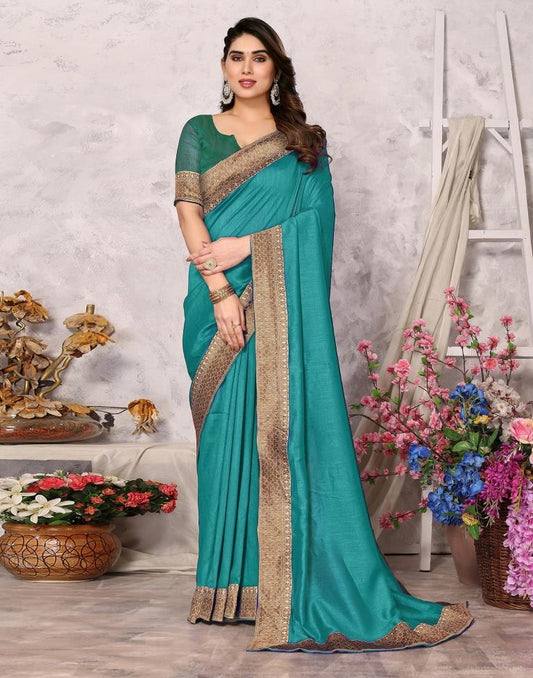 Turquoise Green Embroidery Plain Silk Saree