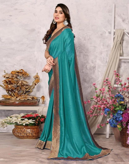 Turquoise Green Embroidery Plain Silk Saree
