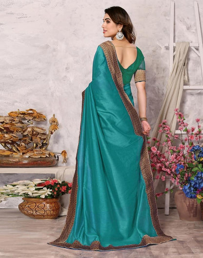 Turquoise Green Embroidery Plain Silk Saree