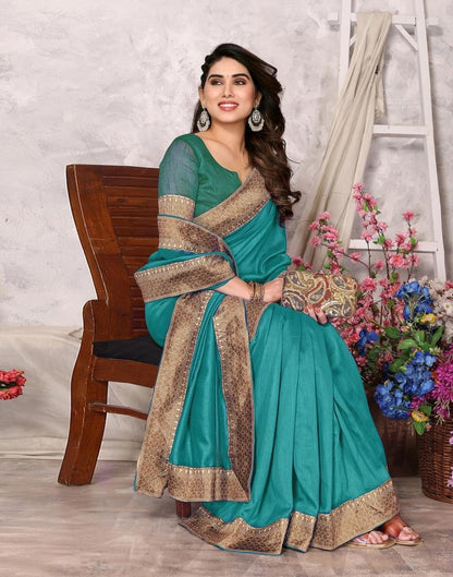 Turquoise Green Embroidery Plain Silk Saree
