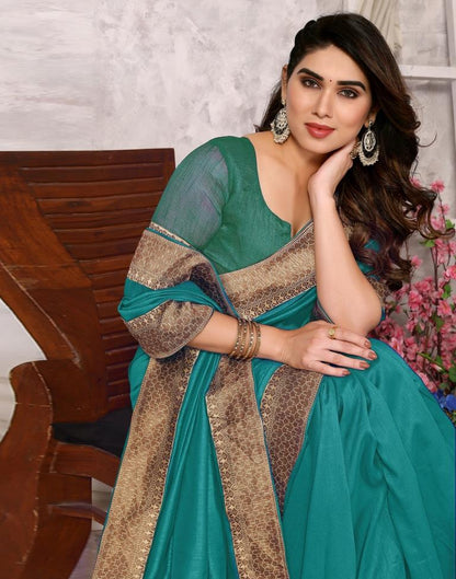 Turquoise Green Embroidery Plain Silk Saree