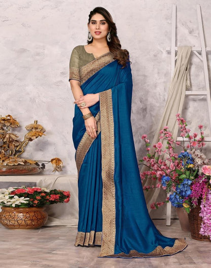 Teal Blue Embroidery Plain Silk Saree