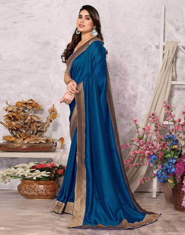 Teal Blue Embroidery Plain Silk Saree