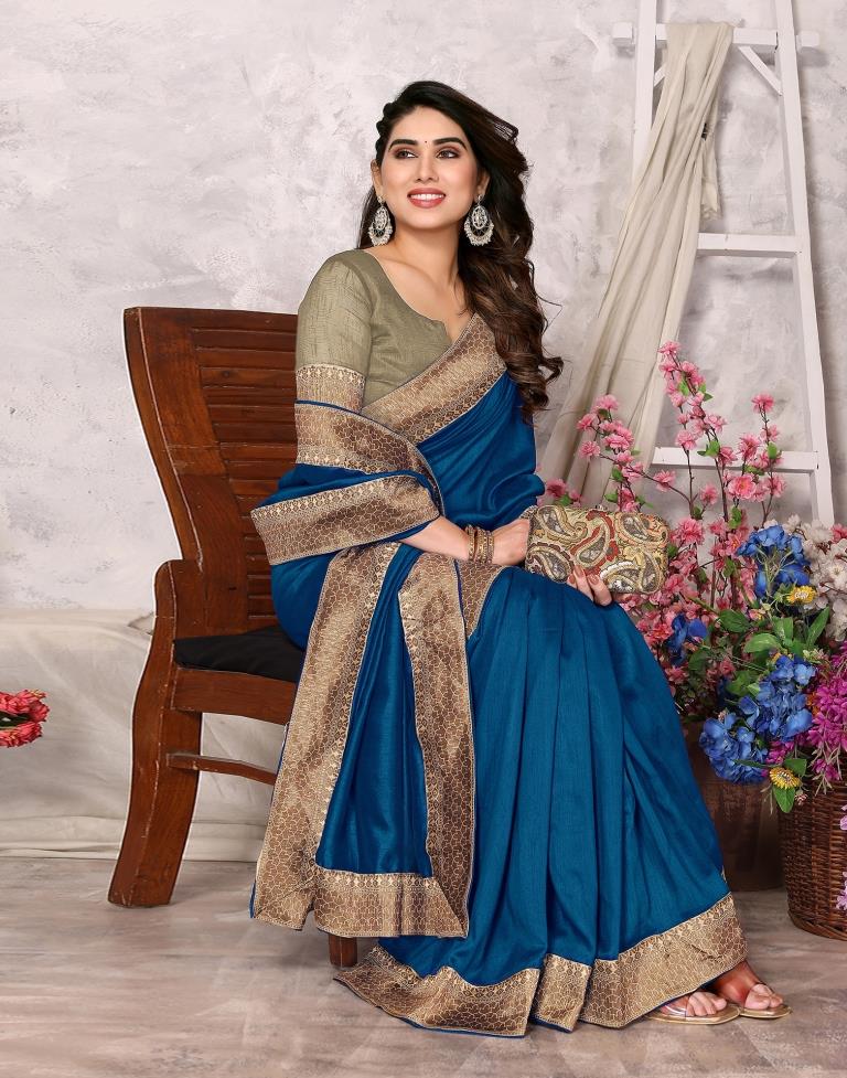 Teal Blue Embroidery Plain Silk Saree
