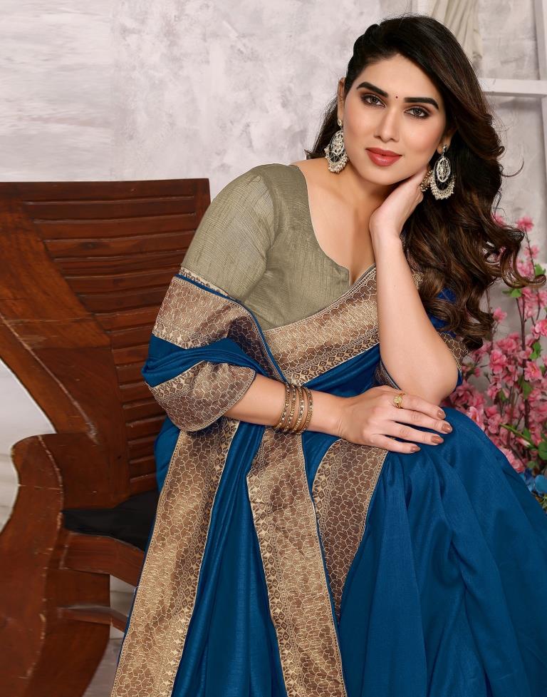 Teal Blue Embroidery Plain Silk Saree