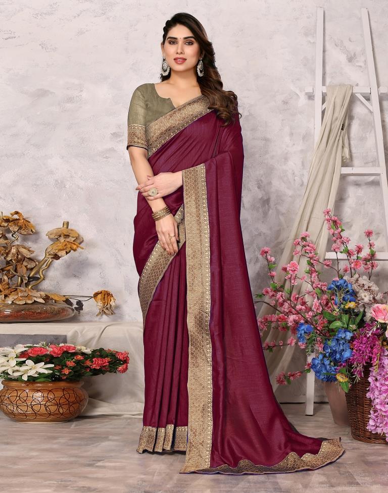 Maroon Embroidery Plain Silk Saree